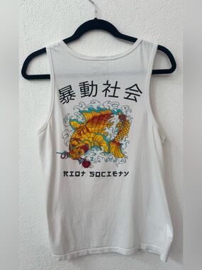 Men's Riot Society screen print Koi fish logo white sleevelesstank top